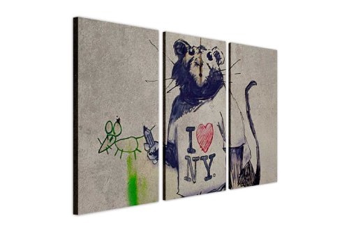 CANVAS IT UP Lienzo Impresiones de Banksy I Love New York Rat Camiseta Foto Cuadros Graffiti impresión 3 Paneles de Arte Moderno, Lona Madera, 2-3 X 20" X 10" (3 X 50CM X 25CM)