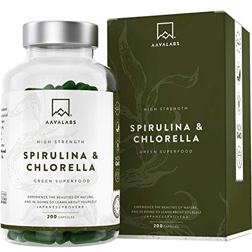 Cápsulas de Espirulina y Chlorella [1800 mg/Dosis Diaria] 200 Comprimidos - Fuente de Vitaminas, Proteínas, Hierro, Fitonutrientes y Calcio - 100% Vegano