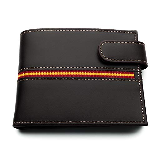 Cartera Hombre Marrón Piel tratada LEGADO con Bandera España Cartera Ubrique Regalo Pulsera Bandera españa (Horizontal Marrón Vox II Broche)