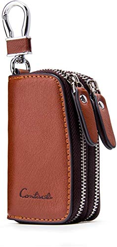 Cartera, piel auténtica, doble cremallera, para llave del coche, negro marrón Brown2 talla única