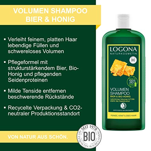 Champú Volumen de Cerveza & Miel Bio, aporta al Pelo Fino un Volumen de ensueño, fortalece y aporta Riqueza, Acabado Brillante, con extractos de Plantas Bio, de LOGONA cosmética Natural