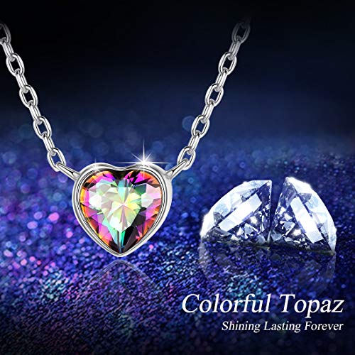 ChicSilver Piedra Respladeciente Multicolor Topacio Arco Iris Collar Romántico para Muchachas Mujeres Colgante Corazón Plata de Ley 925 Platino Plateado