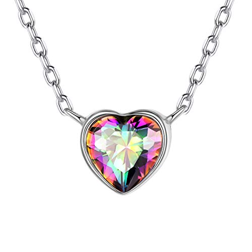 ChicSilver Piedra Respladeciente Multicolor Topacio Arco Iris Collar Romántico para Muchachas Mujeres Colgante Corazón Plata de Ley 925 Platino Plateado