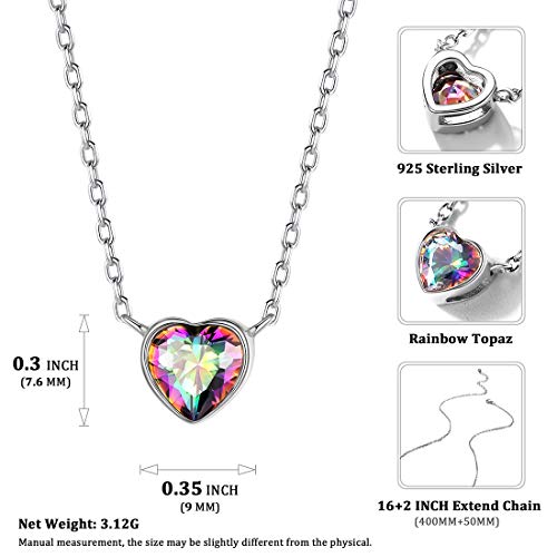 ChicSilver Piedra Respladeciente Multicolor Topacio Arco Iris Collar Romántico para Muchachas Mujeres Colgante Corazón Plata de Ley 925 Platino Plateado