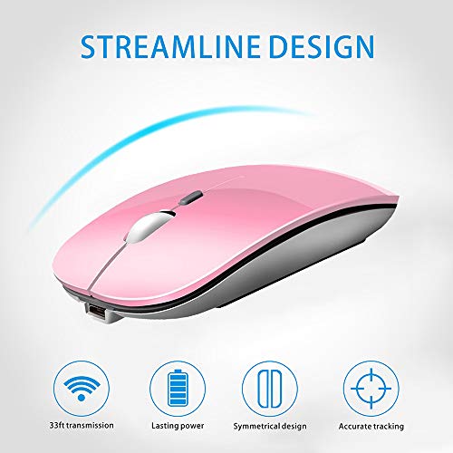 Coener Ratón Inalámbrico Recargable, Mouse Wireless 2.4G Mute de Mouse Inalambrico, Ultra Delgado,1600 dpi Ajustable para Portatil/Computadora/Windows/Linux/Vista/PC/Mac (Rosa)