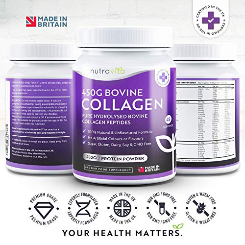 Colágeno Bovino puro Hidrolizado en Polvo 100% Natural - 450g de Proteína de Máxima Calidad (45 Dosis) Sin Colorantes y Aromatizantes Artificiales - Producto Elaborado en el Reino Unido por Nutravita