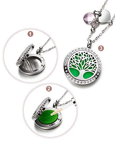 Collar de Diamante Difusor de Aceites Esenciales de Vida Árbol con Pulsera de Cuero de Tapa de Diamante Acero Inoxidable, 16 Almohadillas de Relleno de Algodón Lavable en Colores Diferentes