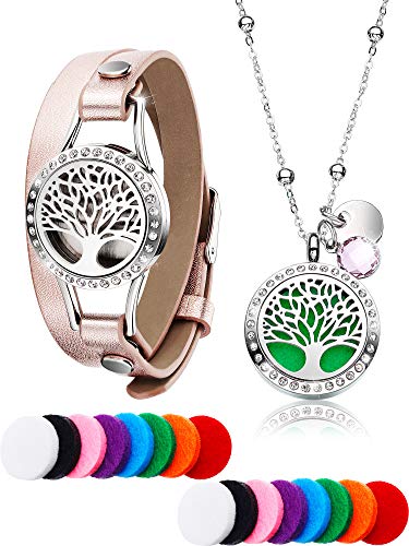 Collar de Diamante Difusor de Aceites Esenciales de Vida Árbol con Pulsera de Cuero de Tapa de Diamante Acero Inoxidable, 16 Almohadillas de Relleno de Algodón Lavable en Colores Diferentes