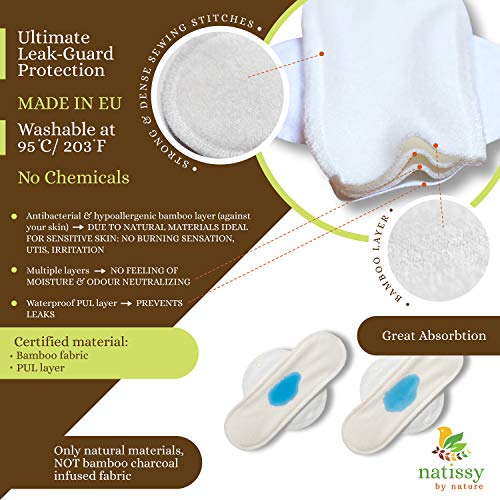 Compresas de tela reutilizables, pack de 7 compresas ecologicas de bambú puro con alas; HECHAS EN LA UE, para menstruación, postparto, incontinencia; compresas lavables organico para mujer