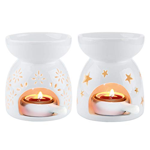 ComSaf Quemador Aceites Esenciales con Cuchara de Velas - Paquete de 2, Quemadores de Aceites Esencial Ceramica Candelabros Decorativos de Velas para Esencias Blanca Yoga SPA Navidad Decoración