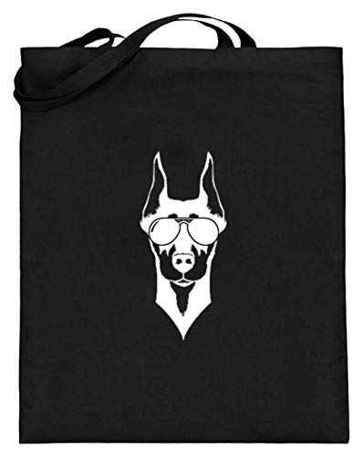 Cooler Dobermann - Bolsa de yute (con asas largas), diseño de perro con gafas de sol, color Negro, talla 38cm-42cm