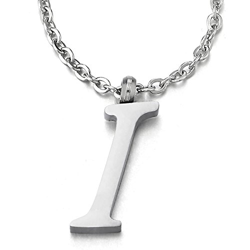 COOLSTEELANDBEYOND Nombre Inicial Letra del Alfabeto I Colgante, Collar de Mujer Hombre, Acero Inoxidable,50cm Cadena Cuerda