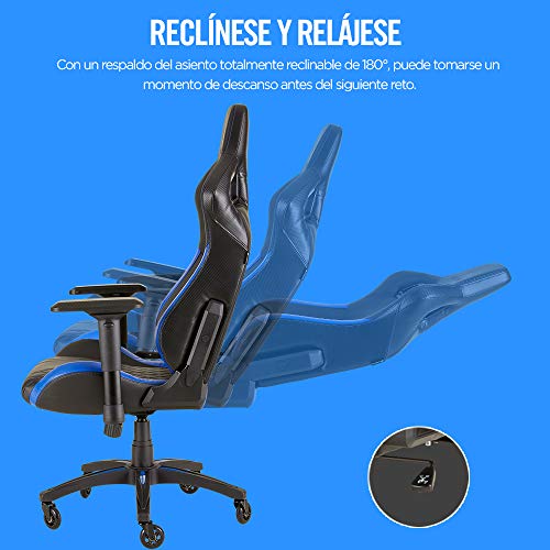 Corsair T1 Race Silla de Oficina, para Videojuegos, Polipiel, fácil de ensamblar, giratoria ergonómica, Altura Ajustable y reposabrazos 4D, Asiento cómodo y reclinable, Negro y Azul