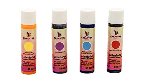 CREARTEC Set de 4 Colores de jabón - Surtido de 4 Colores Transparente de 10 ml - Rojo, Azul, Amarillo, Violeta: para la producción Individual de jabón - Made in Germany