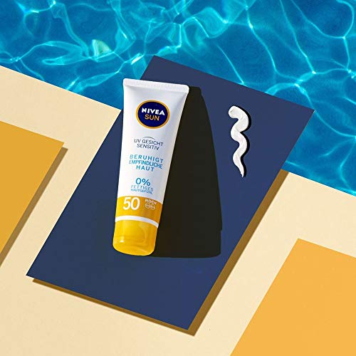 Crema solar Nivea Sun UV facial Sensitiv en paquete de 1 unidad (1 x 50 ml), crema facial con FPS 50+ para pieles sensibles, protección solar calmante las irritaciones de la piel