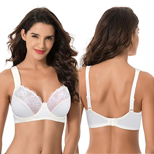 Curve Muse - Sujetador de Encaje sin Forro con Aros y Talla Grande con Tirantes Acolchados (Paquete de 2)-Crema, Armada -95B