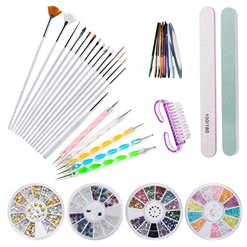 Czemo Kit de Accesorios Decoración Uñas Nail Art, 15pcs Pinceles para Uñas, 10pcs Rollos de Cintas Adhesivas Uñas, 5pcs de Lápiz de Punto, 4 Cajas de Diamantes de Uñas