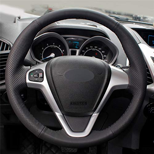 DANDELG Black Leather Black  Hand Sew Wrap Car Steering Wheel Cover,for Ford Fiesta 2008-2017 EcoSport 2014-2017