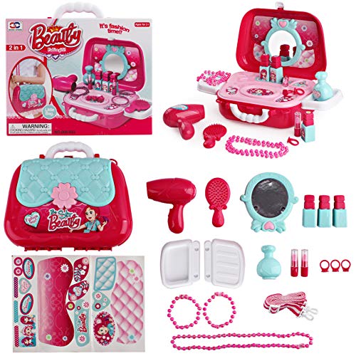 deAO Estuche de Maquillaje y Joyería de Juguete Playset en Maletín Bolso de Mano con Accesorios Incluidos (Cofre Maletín)