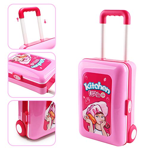 deAO Pequeño Chef Set de Cocinita Plegable en Maleta Convertible Maletín de Juegos con Accesorios, Luces, Sonidos (Rosa) , color/modelo surtido