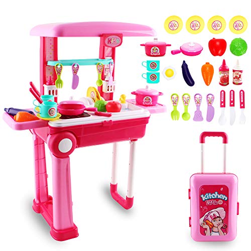 deAO Pequeño Chef Set de Cocinita Plegable en Maleta Convertible Maletín de Juegos con Accesorios, Luces, Sonidos (Rosa) , color/modelo surtido