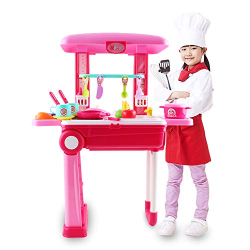 deAO Pequeño Chef Set de Cocinita Plegable en Maleta Convertible Maletín de Juegos con Accesorios, Luces, Sonidos (Rosa) , color/modelo surtido