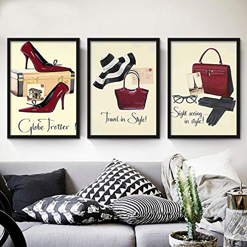 Decoración nórdica para el hogar Bolsos rojos de tacones altos Perfume 3 piezas Lienzo Arte Pintura Cuadros de pared para tienda Centro comercial Habitación de mujer Sin marco 40 * 60cm*3