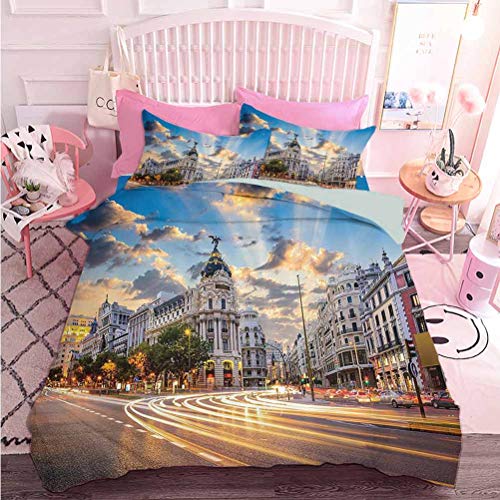 Decoración para el hogar Textil Vista de las calles Modern Madrid con paisaje del cielo Gran Casco Antiguo Deco (3 piezas, tamaño doble) 1 funda de edredón y 2 fundas de almohada