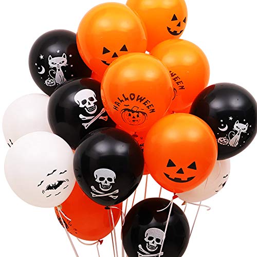 Decoraciones con globos de Halloween, Simuer 100 piezas 12 '' Globos de látex con forma de murciélago esqueleto de calabaza con bomba de aire para suministros para fiestas de Halloween