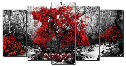 DekoArte 257 - Cuadros Modernos Impresión de Imagen Artística Digitalizada | Lienzo Decorativo para Salón o Dormitorio | Estilo Paisaje Blanco y Negro con Árboles Rojos Naturaleza | 5 Piezas 150x80cm