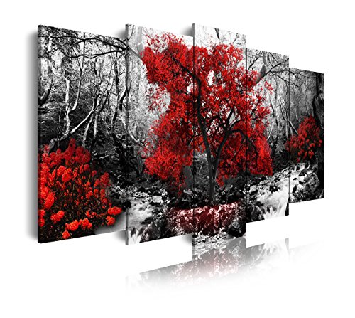 DekoArte 257 - Cuadros Modernos Impresión de Imagen Artística Digitalizada | Lienzo Decorativo para Salón o Dormitorio | Estilo Paisaje Blanco y Negro con Árboles Rojos Naturaleza | 5 Piezas 150x80cm