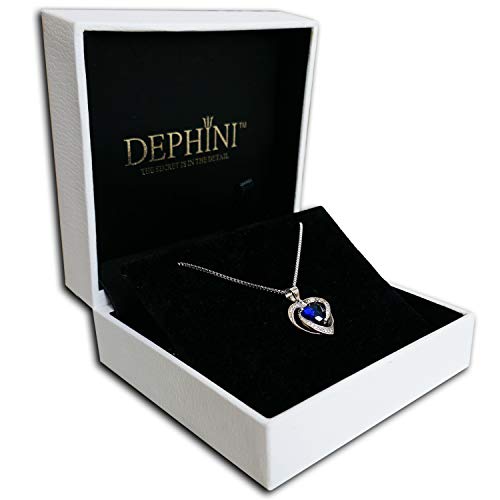 DEPHINI - Collar con colgante de corazón de plata de ley 925 con circonita blanca y piedra natal azul adornada con cristal de Zirconia para mujer