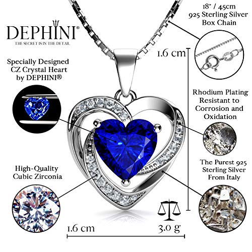 DEPHINI - Collar con colgante de corazón de plata de ley 925 con circonita blanca y piedra natal azul adornada con cristal de Zirconia para mujer