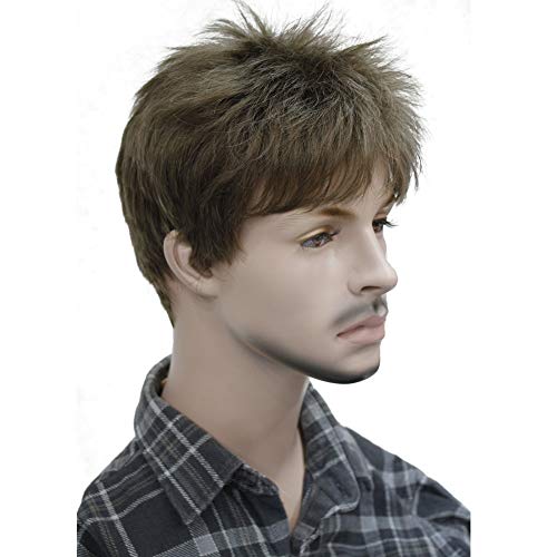 DER Peluca de los Hombres Pelucas llenas sintéticas del Pelo lacio Corto Negro/marrón Natural 7 Colores (Color : Brown, Stretched Length : 6inches)