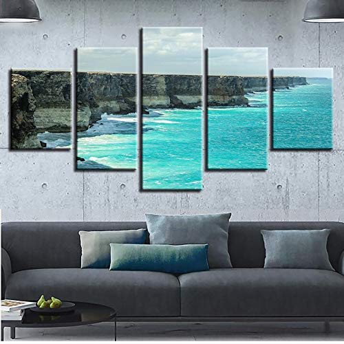 DGGDVP Impresiones en Lienzo modulares HD Cartel 5 Piezas Acantilado Escarpado Costa Imágenes Blue Waves Seascape Paintings Wall Art Decoración para el hogar tamaño 2 Marco