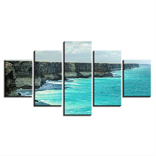 DGGDVP Impresiones en Lienzo modulares HD Cartel 5 Piezas Acantilado Escarpado Costa Imágenes Blue Waves Seascape Paintings Wall Art Decoración para el hogar tamaño 2 Marco