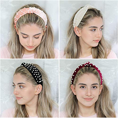 Diademas De Perlas- 6Pcs Makone Top Knot Velvet Headband Con Pearl Elastic Hair Hoops Accesorios Para El Cabello De Moda Para El Banquete De Boda