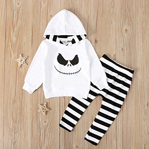 Disfraz Halloween Niño Bebe 1-4 años Ghost Smile Sudaderas con Capucha y Manga Larga + Pantalones a Rayas (3 años, Blanco)