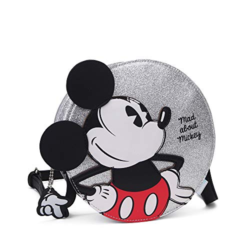 Disney, Mad About Mickey - Bolso Bandolera, Cremallera Superior, Color Plateado, Rígido y Duradero, Dim 20 x 20 x 5 cm (Opi Brands 11503)