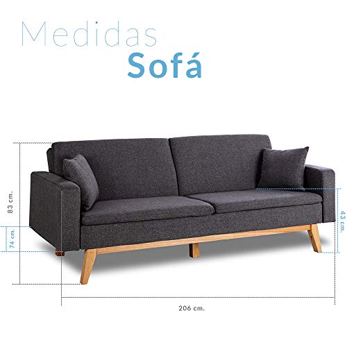 Don Descanso, Sofá Cama 3 plazas Reine, Tapizado en Tela, Color Gris Marengo, Sistema Apertura de Libro o Clic-clac, Medida sofá: 206x74x83 cm, Medida Cama: 206x99x83 cm, Incluye 2 Cojines