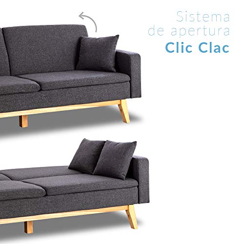 Don Descanso, Sofá Cama 3 plazas Reine, Tapizado en Tela, Color Gris Marengo, Sistema Apertura de Libro o Clic-clac, Medida sofá: 206x74x83 cm, Medida Cama: 206x99x83 cm, Incluye 2 Cojines