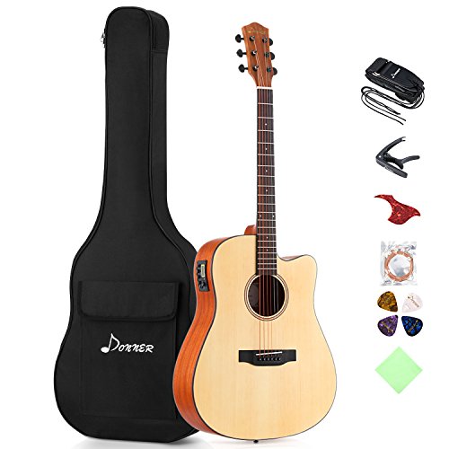 Donner Guitarra Acústica Eléctrica con Cutaway 41 Pulgadas Cuerpo de Caoba y Pícea Color de Madera Natural con Set de Accesorios DAG-1CE