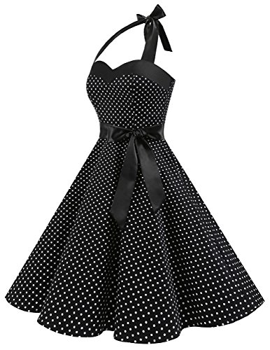 Dresstells® Halter 50s Rockabilly Polka Dots Audrey Dress Retro Cocktail Dress Black Small White Dot L