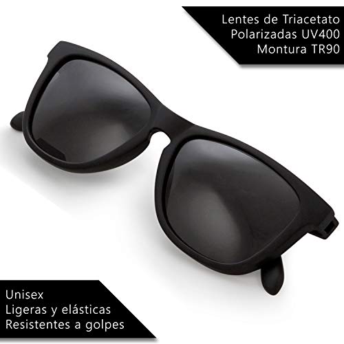 Duruss Gafas de Sol Unisex. Hombre y Mujer. Lentes Oscuras Polarizadas UV. Incluyen Gamuza Bolsa y Caja Regalo. Montura Tri Acetato. Ligeras Elasticas. Calidad Diseño Color Pure Black.