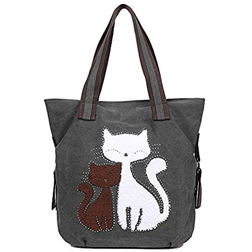 EGOGO Bolsos de Mujer Bolsos Totes Bolso de Hombro Bolso Bandolera con Lona Linda del Gato E523-4 (Gris)