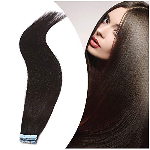 Elailite 20 Piezas Extensiones de Cabello Natural Adhesivas Remy Pelo Humano [Muy Gruesa] - 30 cm #1B Negro Natural - 60g (3g/pieza) Tape in Hair Extension Lisa