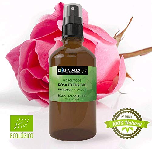 Essenciales - Hidrolato de Agua Floral de Rosa Extra BIO, 100% Pura con Certificado ECOLÓGICO, 200 ml | Hidrolato Rosa Damascena BIO