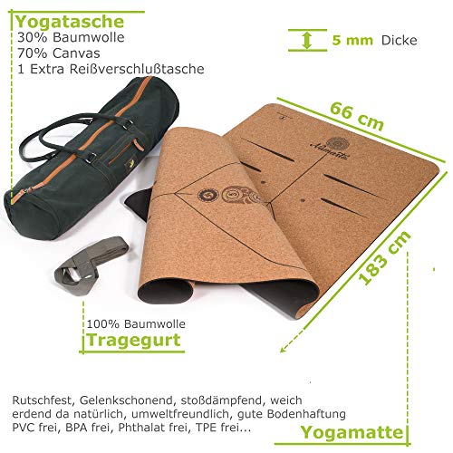 Esterilla de yoga de corcho y caucho natural, incluye bolsa + correa de transporte, antideslizante, sin sustancias nocivas, 183 cm x 66 cm x 5 mm