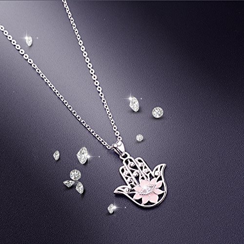 Eudora Plata de ley 925 Aojo Mano de Hamsa Fátima Buena suerte Claro CZ Vendimia Collar colgante, Cadena de 18"