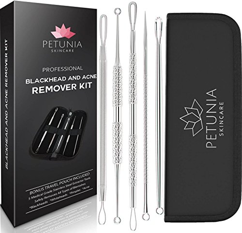 Extractor de Comedones, Set de 5 piezas Blackhead extractor y kit de removedor de acné específicamente trata caras manchas, espinillas, zits y whiteheads - incluyen caja de regalo y maletín de viaje